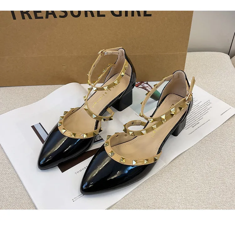 Patent Leather Rivet Strap Block Heel Sandals with Closed Toe