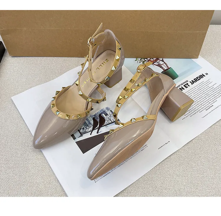 Patent Leather Rivet Strap Block Heel Sandals with Closed Toe
