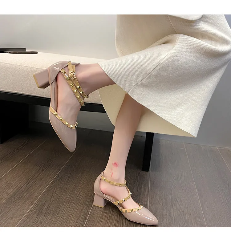 Patent Leather Rivet Strap Block Heel Sandals with Closed Toe