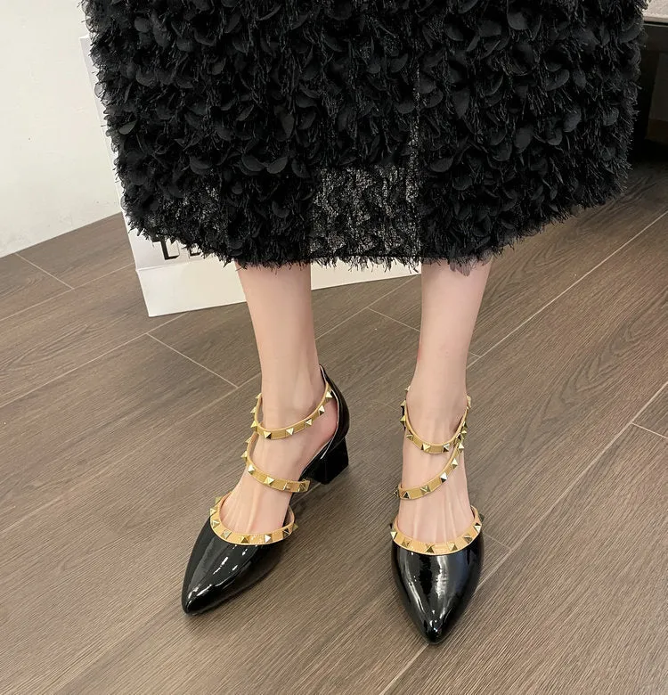Patent Leather Rivet Strap Block Heel Sandals with Closed Toe