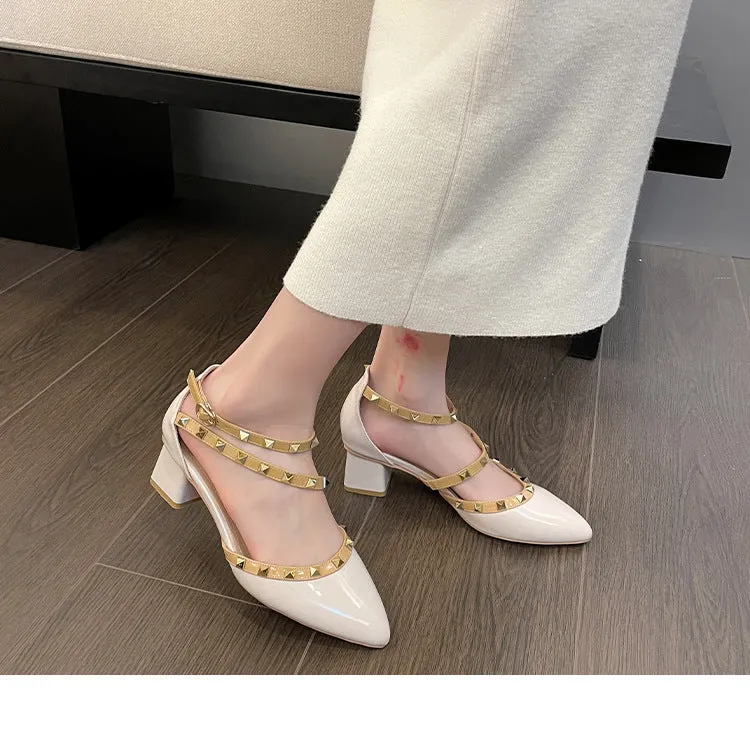 Patent Leather Rivet Strap Block Heel Sandals with Closed Toe