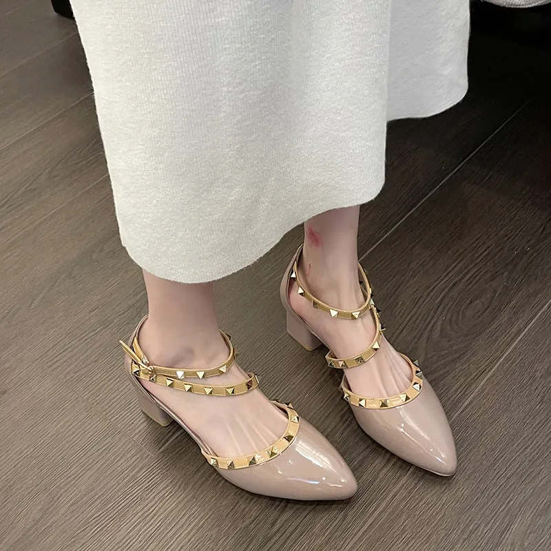 Patent Leather Rivet Strap Block Heel Sandals with Closed Toe