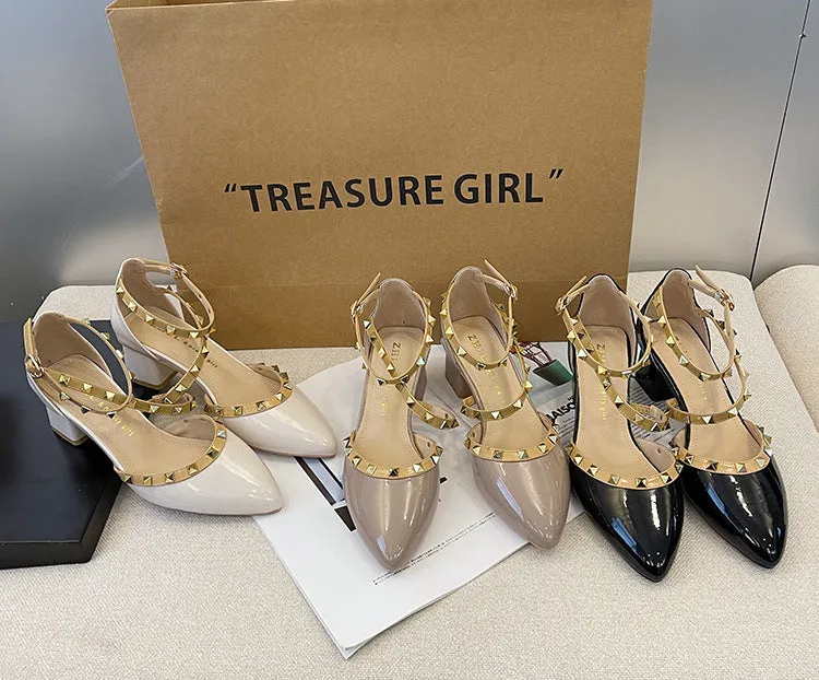 Patent Leather Rivet Strap Block Heel Sandals with Closed Toe