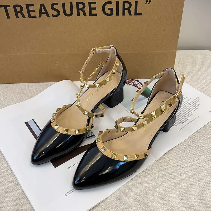 Patent Leather Rivet Strap Block Heel Sandals with Closed Toe
