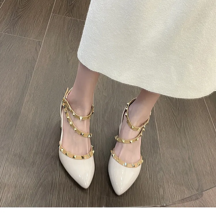 Patent Leather Rivet Strap Block Heel Sandals with Closed Toe