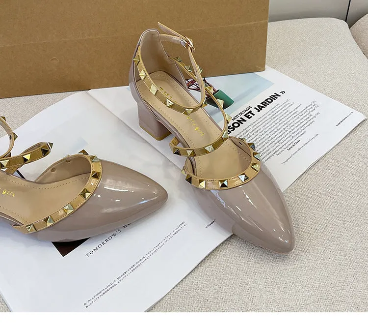 Patent Leather Rivet Strap Block Heel Sandals with Closed Toe