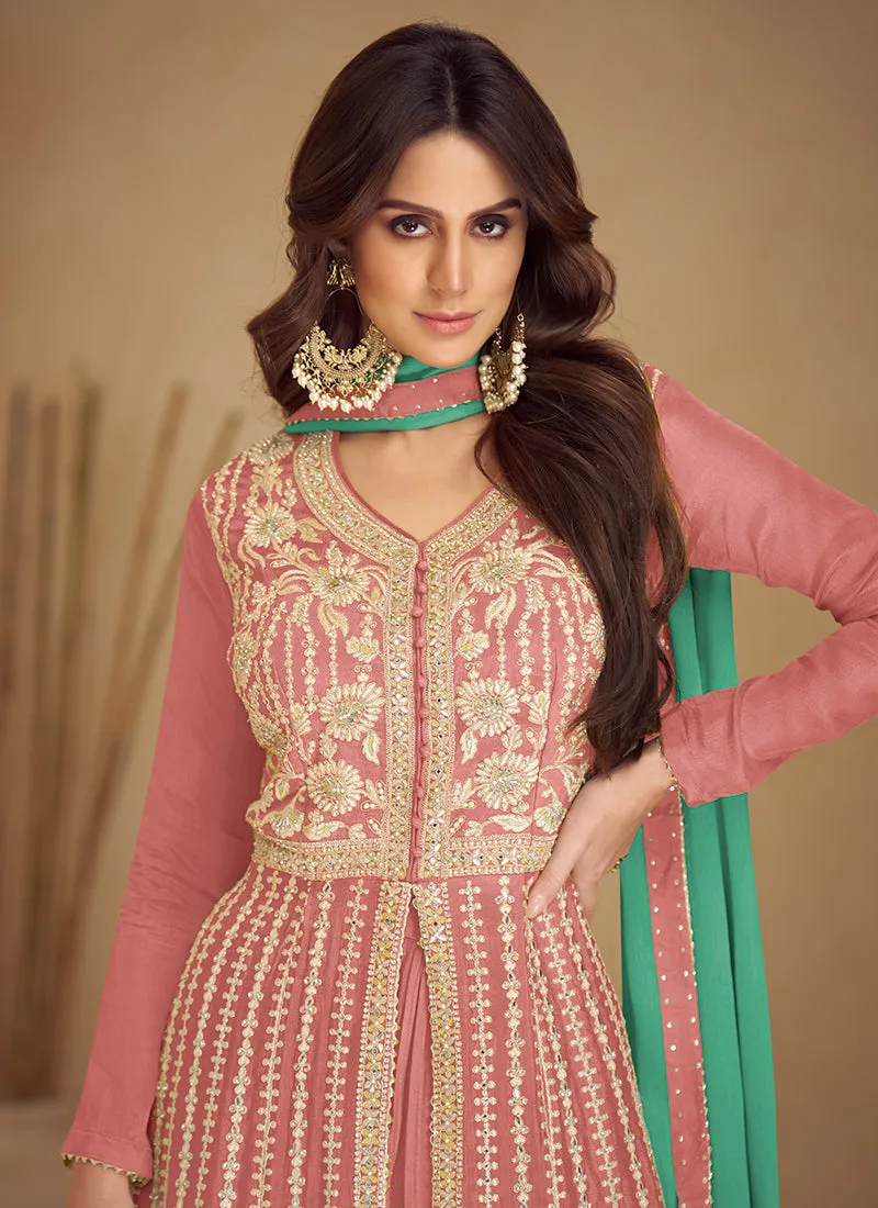 Peach And Green Traditional Embroidered Wedding Anarkali Palazzo Suit
