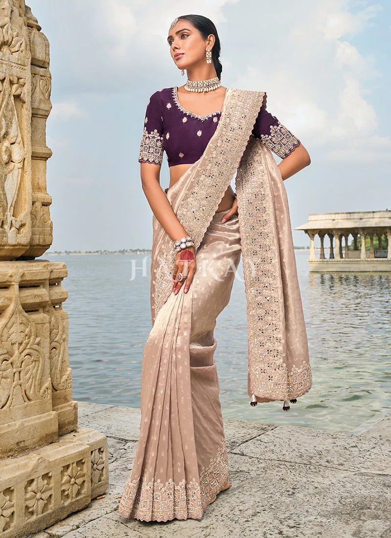 Peach And Purple Handwork Embroidery Wedding Saree