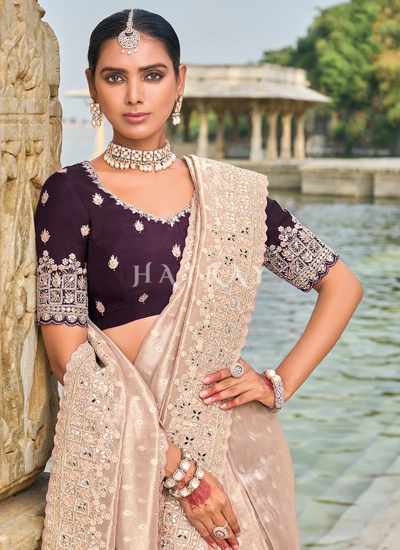 Peach And Purple Handwork Embroidery Wedding Saree