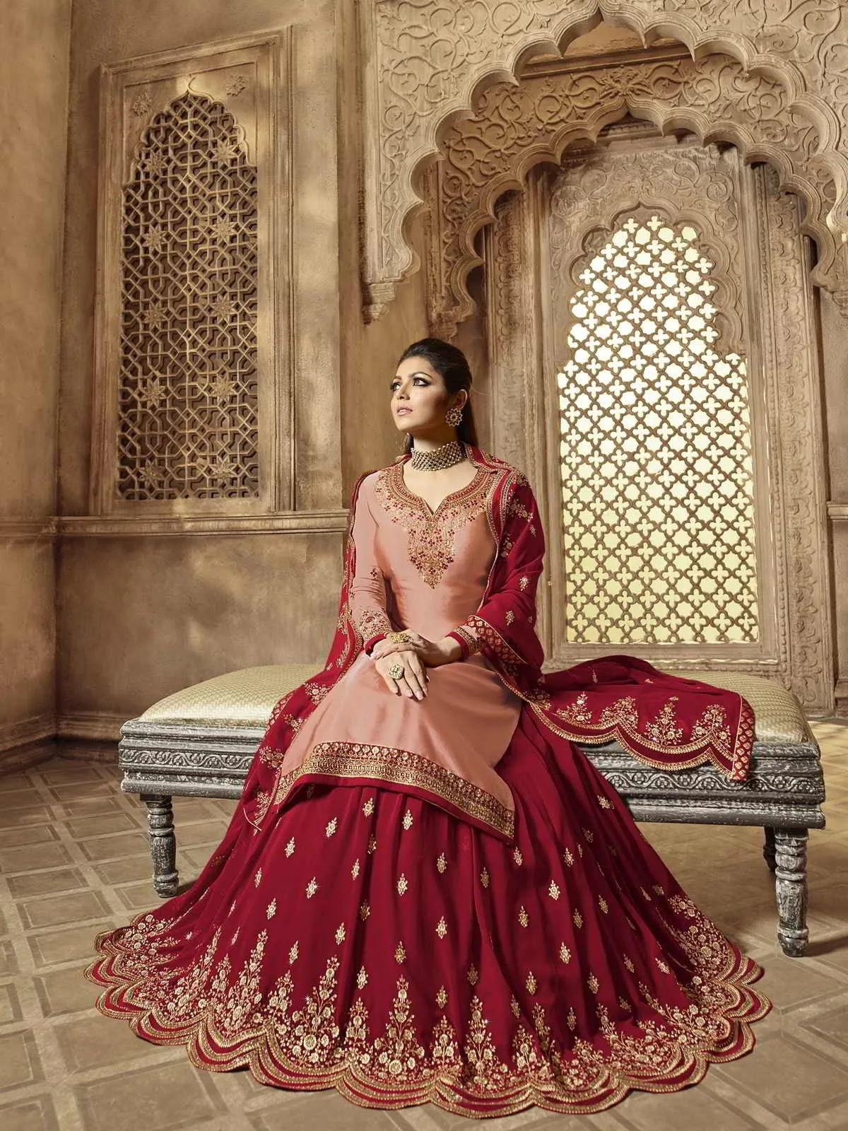 Peach And Red Embroidered Wedding Lehenga Kurti Set