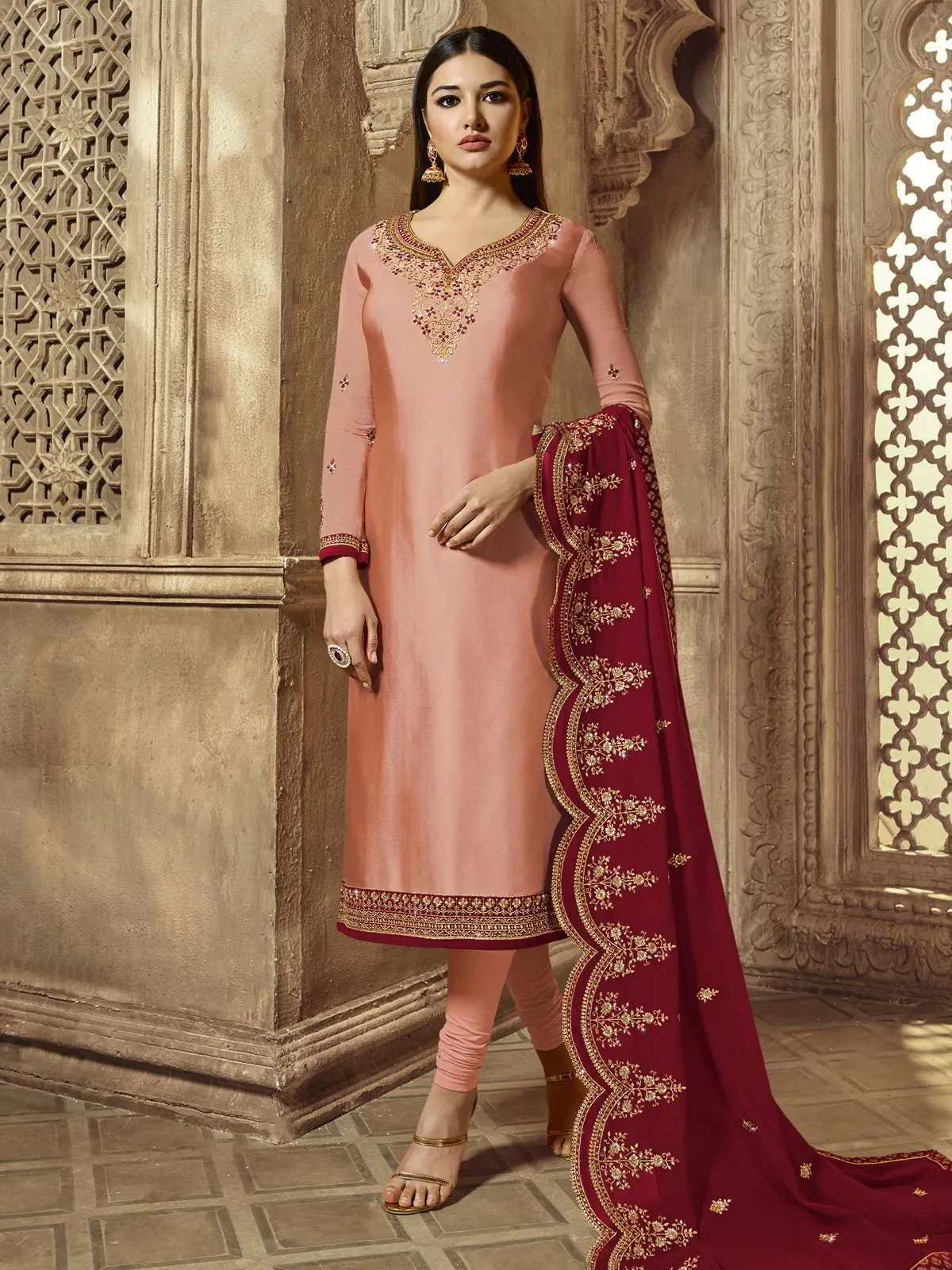 Peach And Red Embroidered Wedding Lehenga Kurti Set