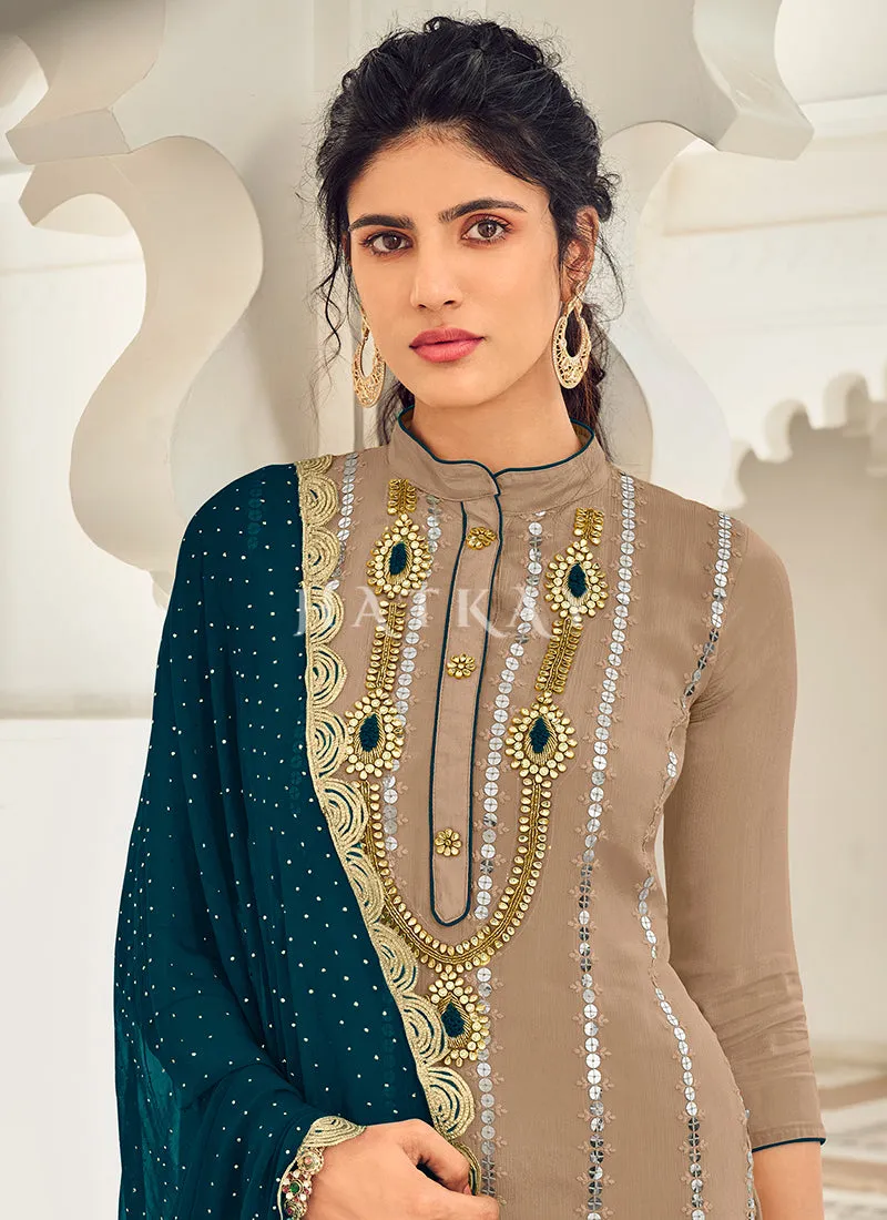 Peach And Turquoise Embroidered Gharara Style Suit