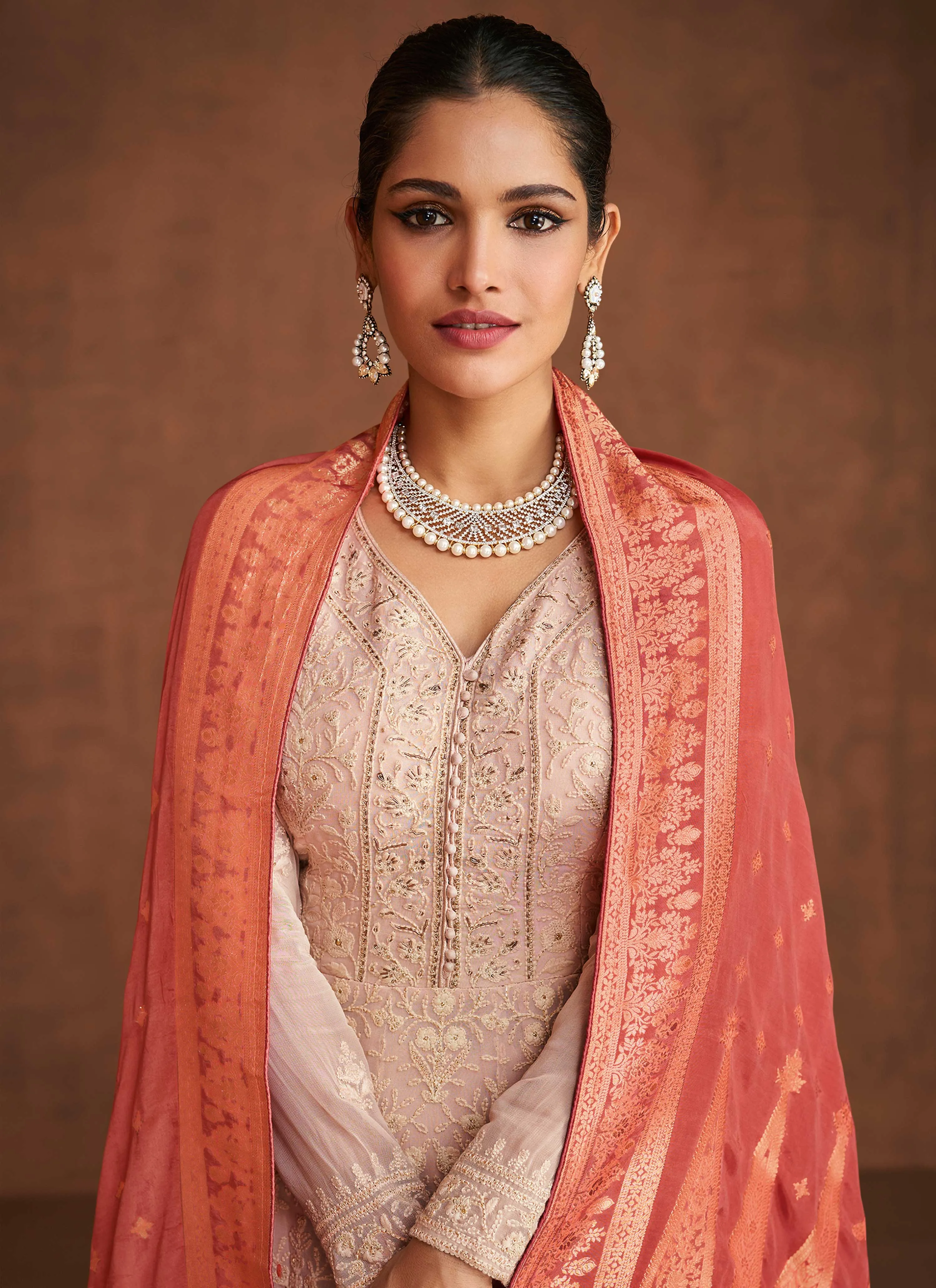Peach Dual Tone Embroidered Anarkali Style Palazzo Suit