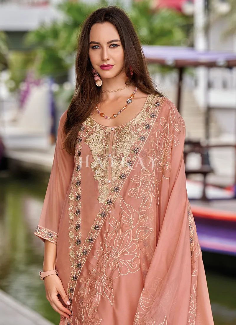 Peach Embroidered Organza Salwar Kameez Suit