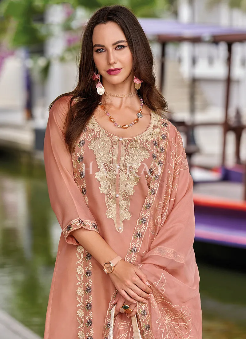 Peach Embroidered Organza Salwar Kameez Suit