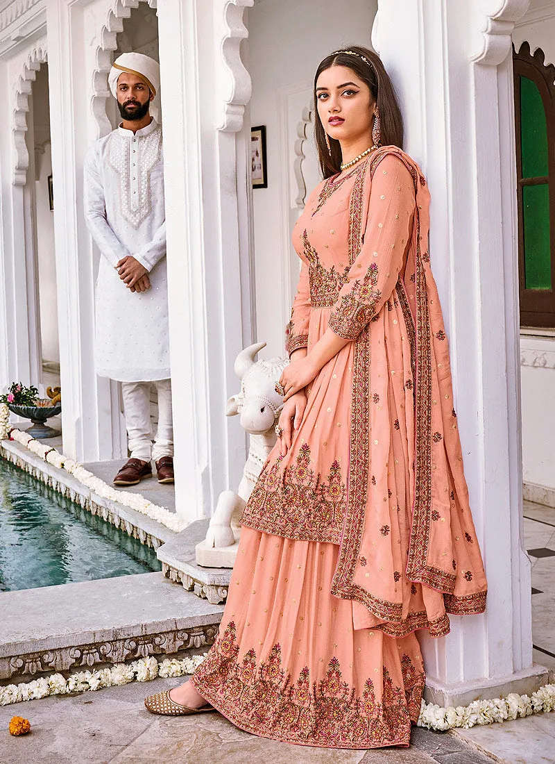 Peach Golden Embroidered Anarkali Style Gharara Suit