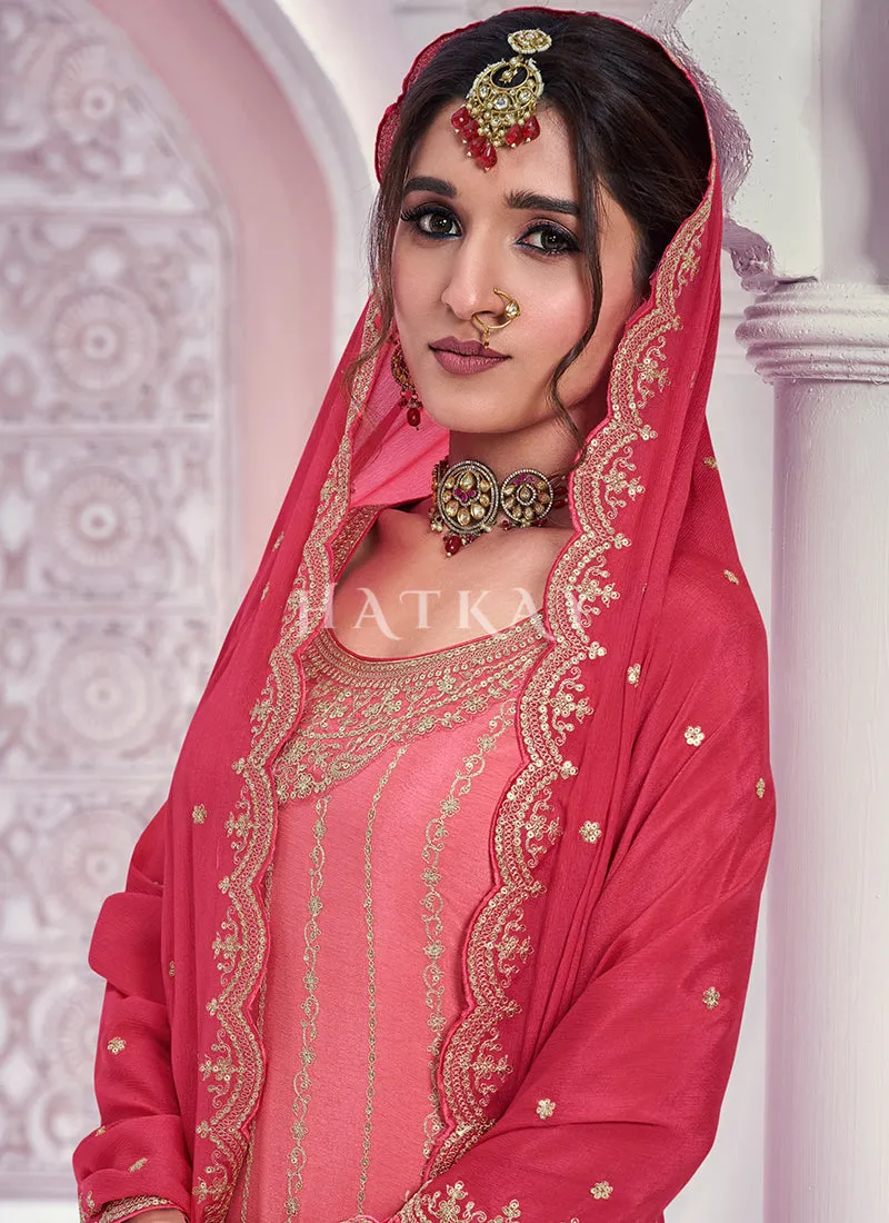 Peach Golden Embroidered Festive Sharara Style Suit