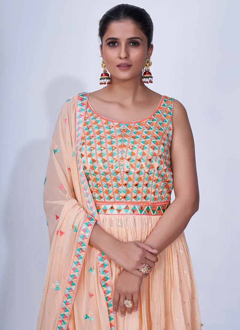 Peach Mirror Work Multi Embroidery Chiffon Palazzo Suit