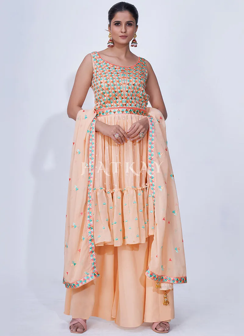 Peach Mirror Work Multi Embroidery Chiffon Palazzo Suit