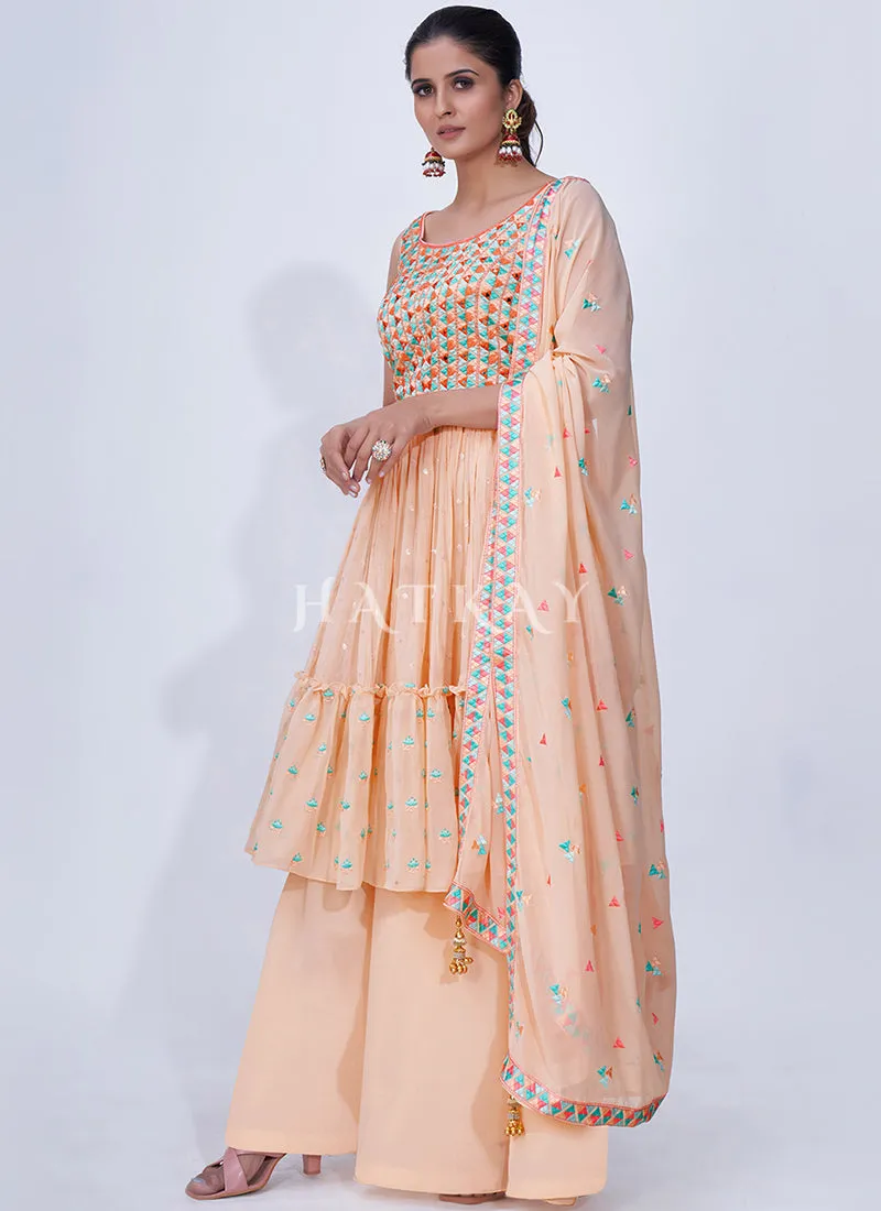 Peach Mirror Work Multi Embroidery Chiffon Palazzo Suit