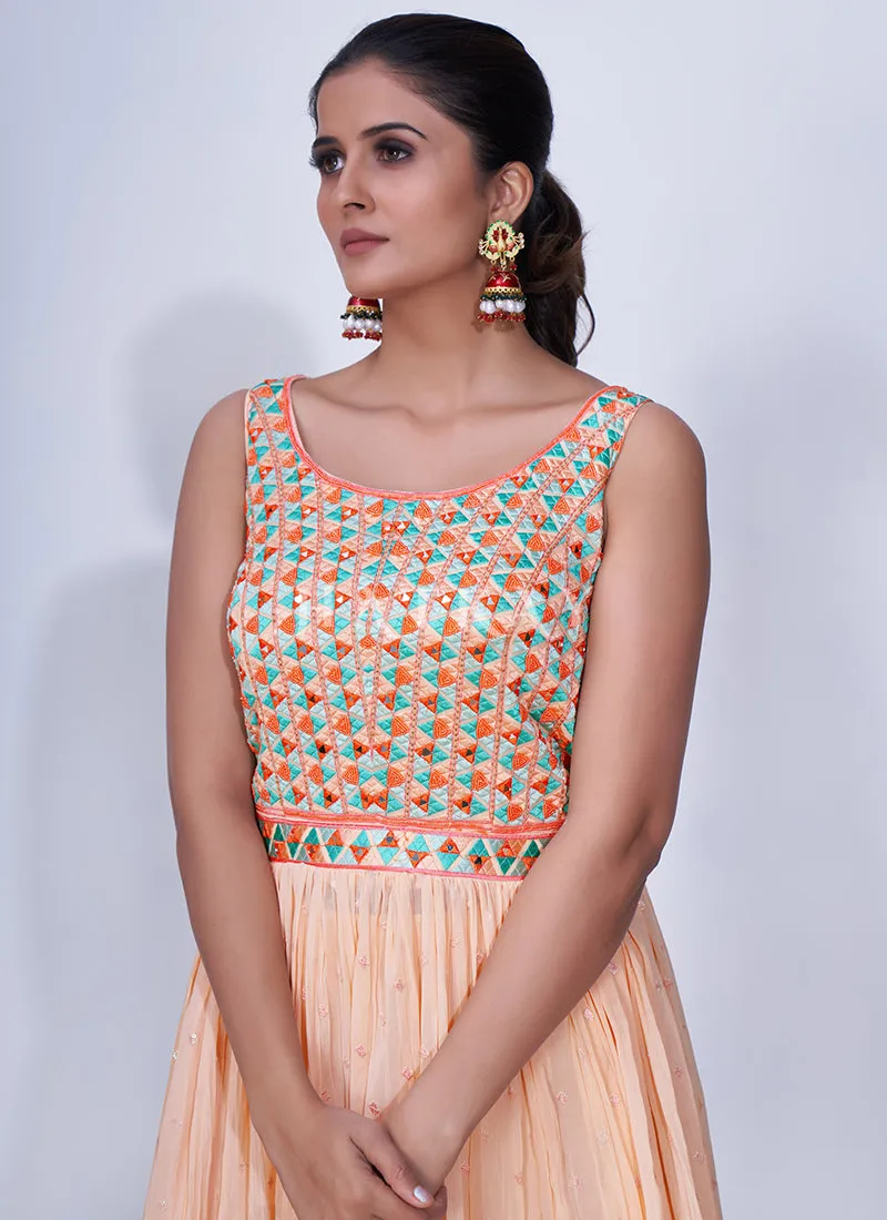 Peach Mirror Work Multi Embroidery Chiffon Palazzo Suit