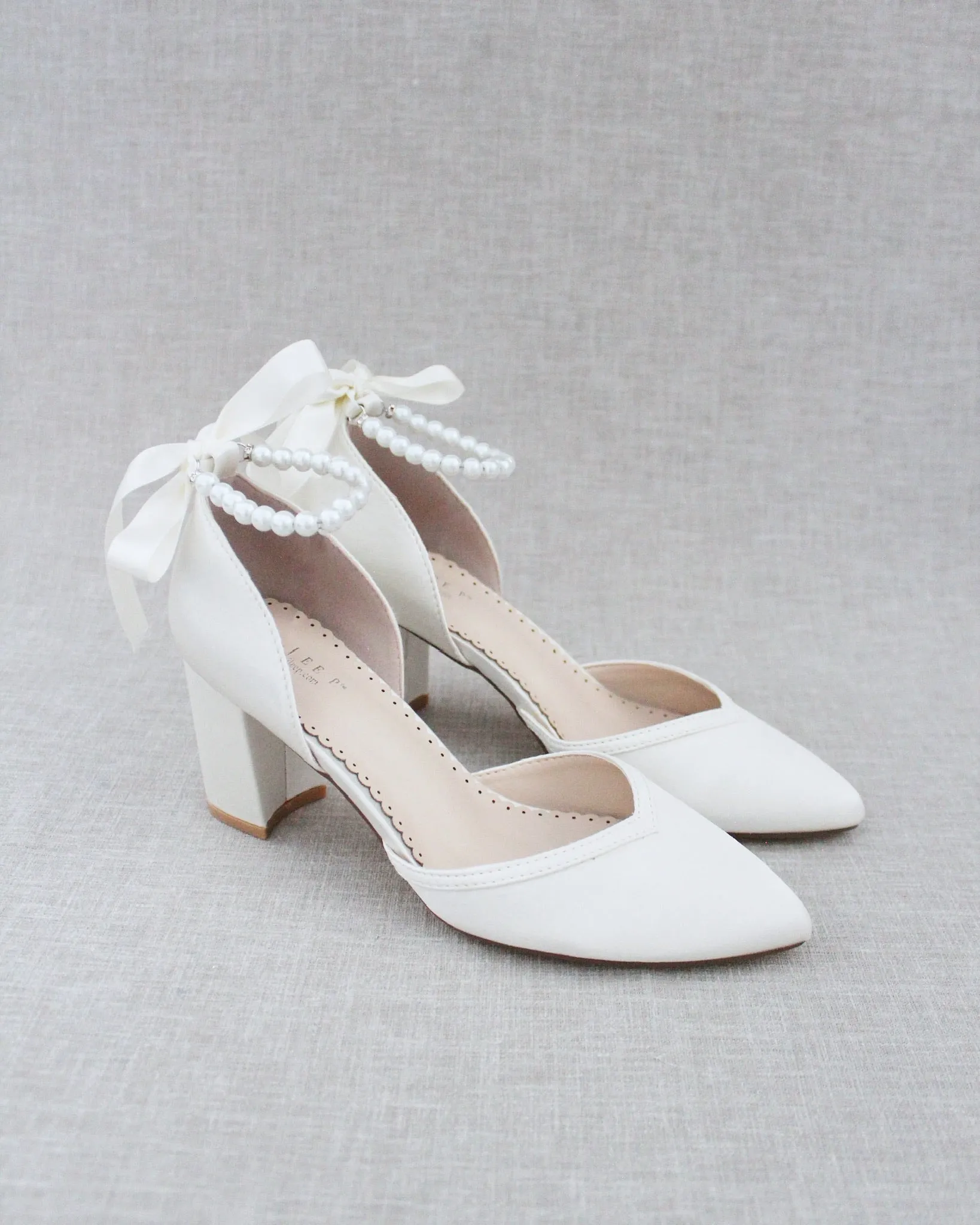 Pearl Ankle Strap Block Heel Wedding Shoes