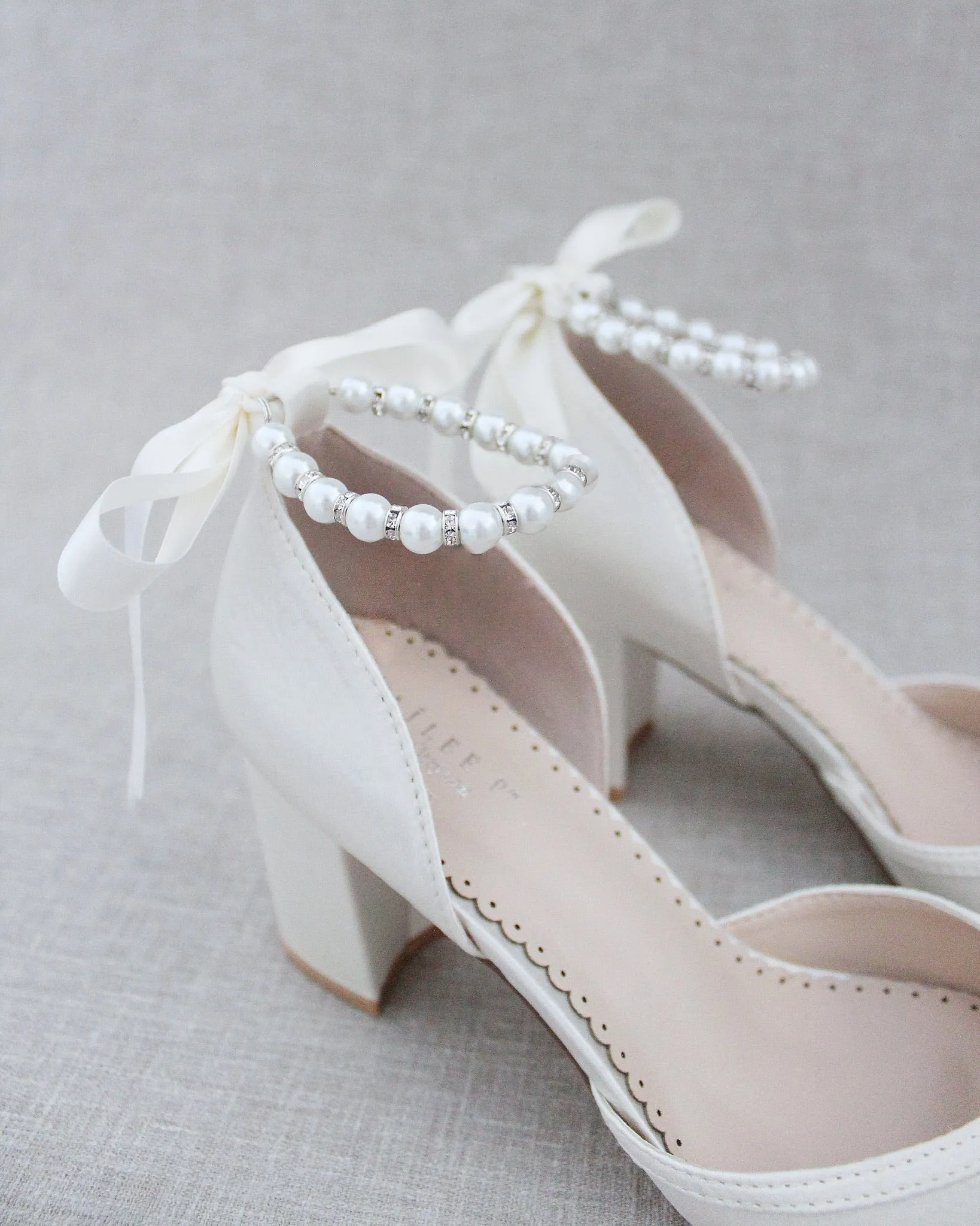Pearl Ankle Strap Block Heel Wedding Shoes