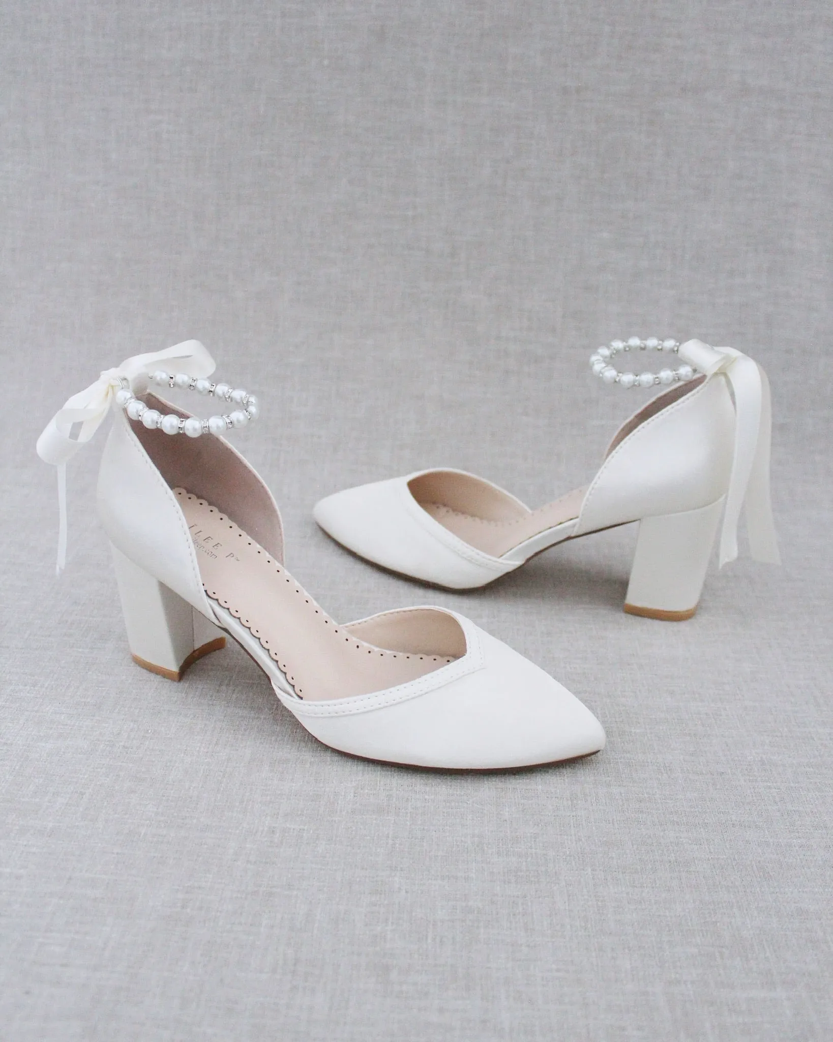 Pearl Ankle Strap Block Heel Wedding Shoes
