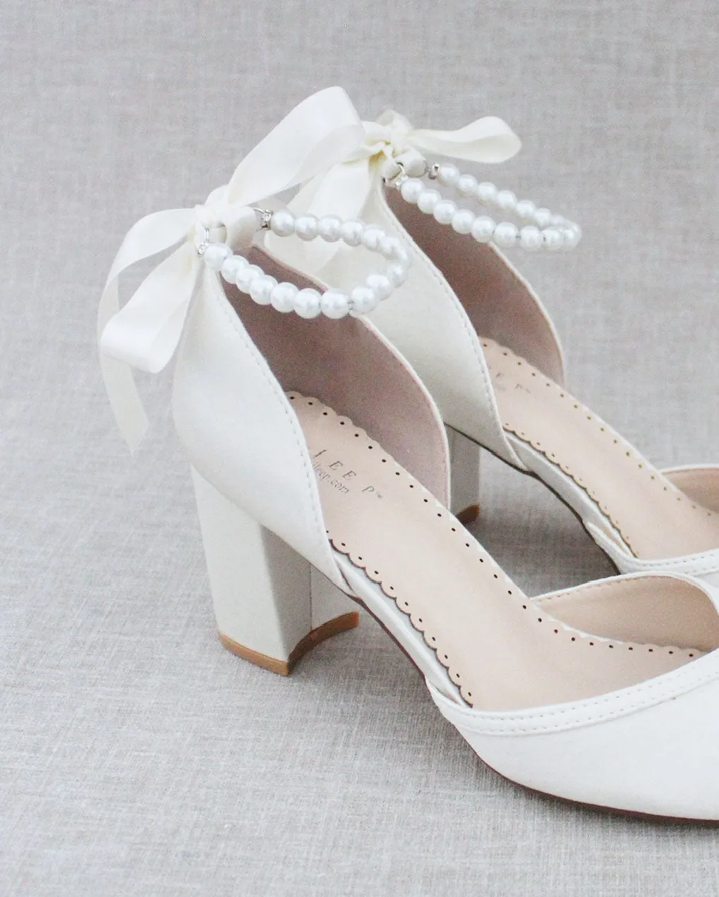 Pearl Ankle Strap Block Heel Wedding Shoes