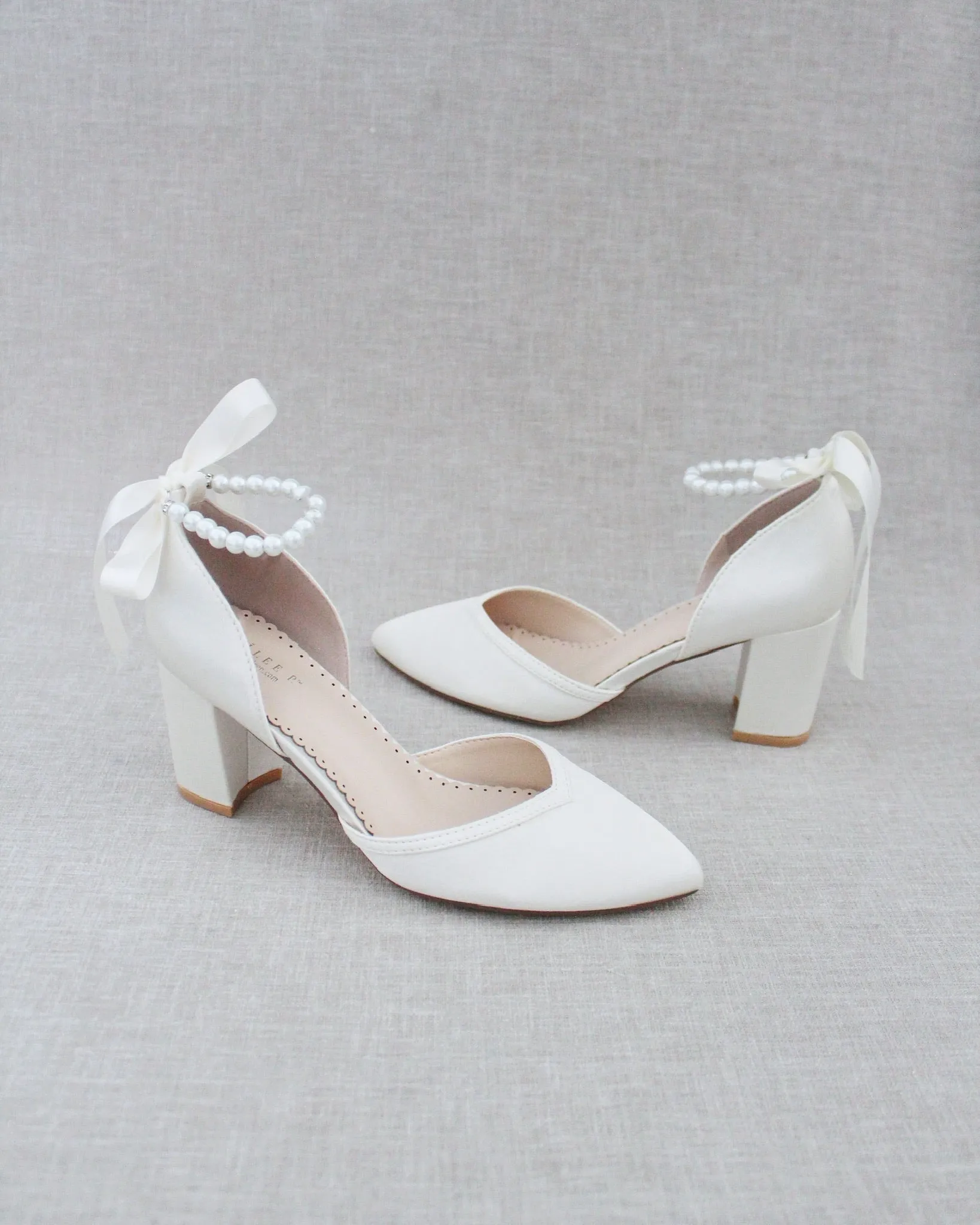 Pearl Ankle Strap Block Heel Wedding Shoes