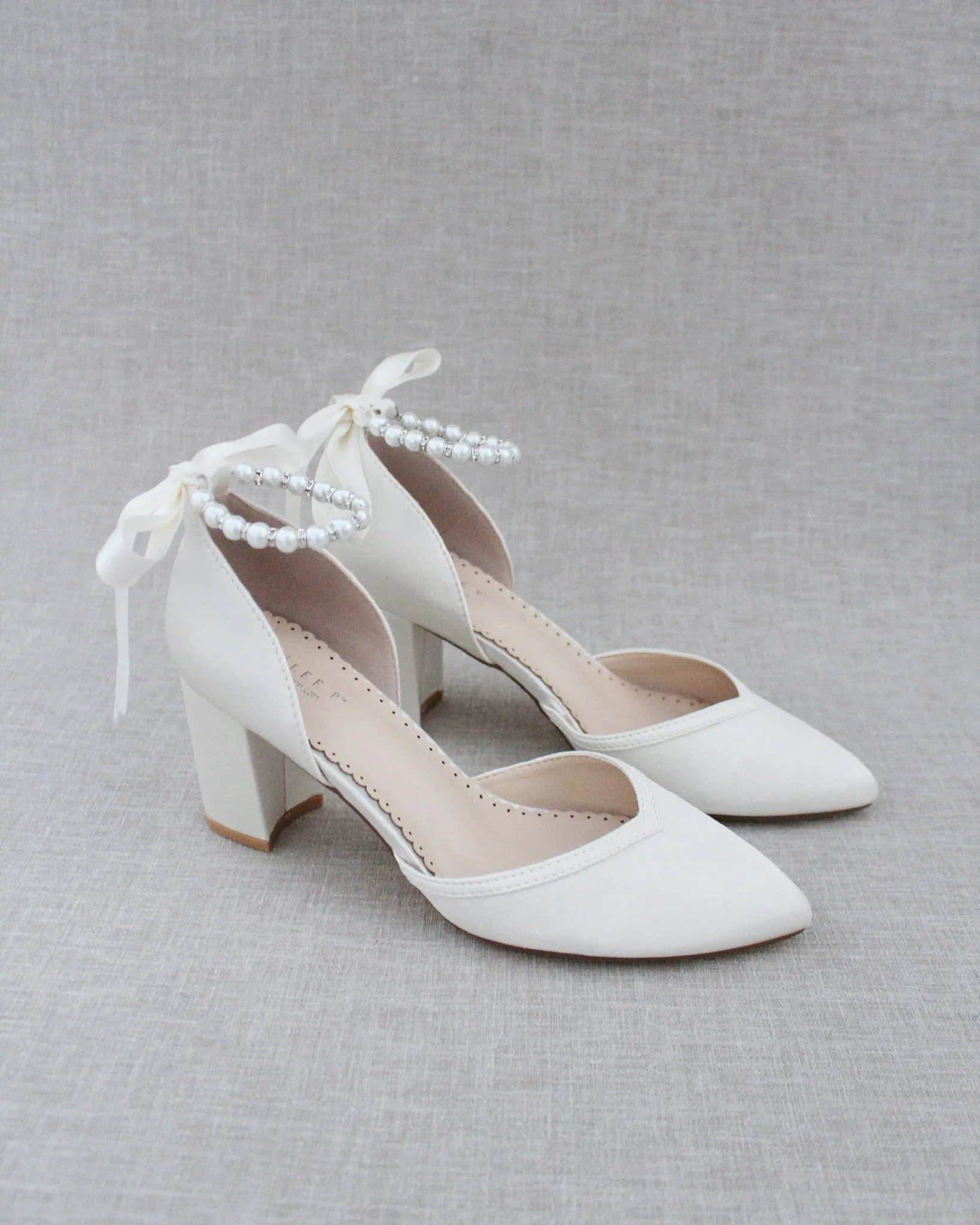 Pearl Ankle Strap Block Heel Wedding Shoes