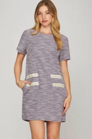 Pearl Studded Trim Knit Lilac Tweed Dress