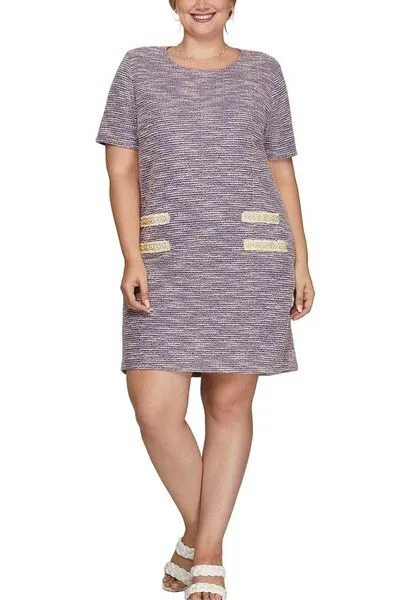 Pearl Studded Trim Knit Lilac Tweed Dress