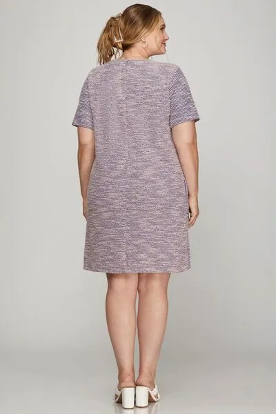 Pearl Studded Trim Knit Lilac Tweed Dress