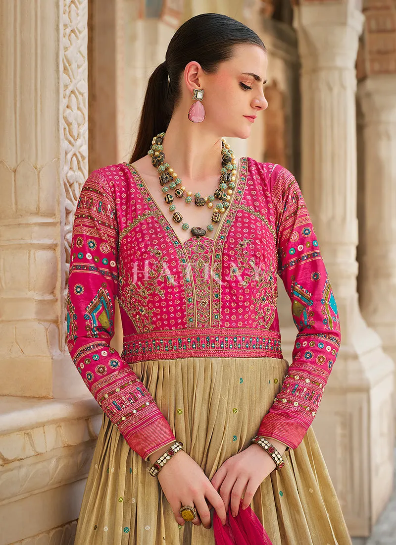 Pink And Beige Handwork Embroidery Gown