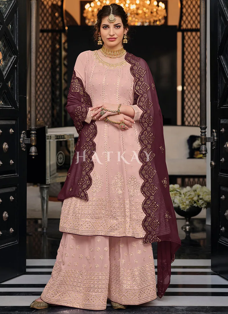 Pink And Mauve Embroidered Palazzo Suit