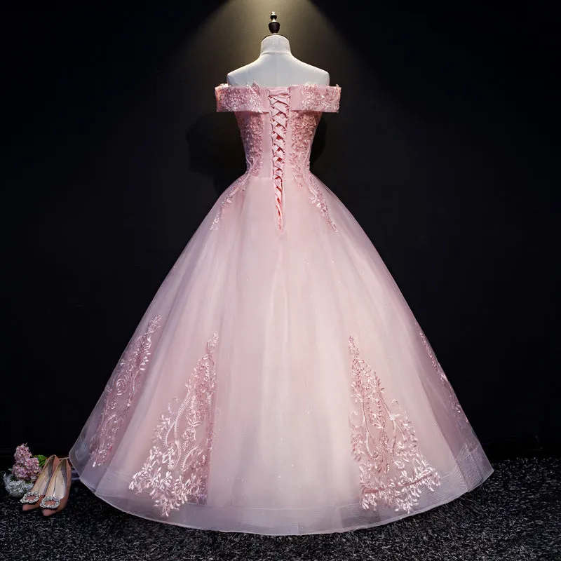 Pink Ball Gown Long Tulle Party Dress, Off Shoulder Prom Dress