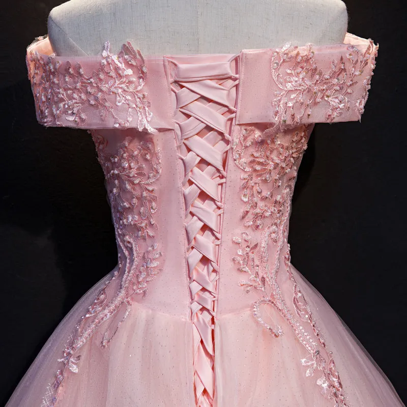 Pink Ball Gown Long Tulle Party Dress, Off Shoulder Prom Dress