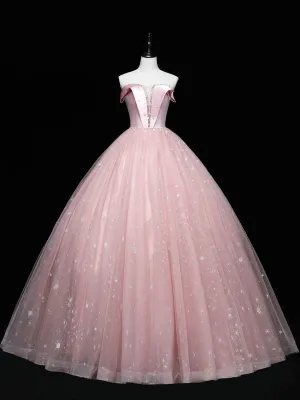 Pink Ball Gown Tulle Prom Dresses, Pink Formal Sweet 16 Dress