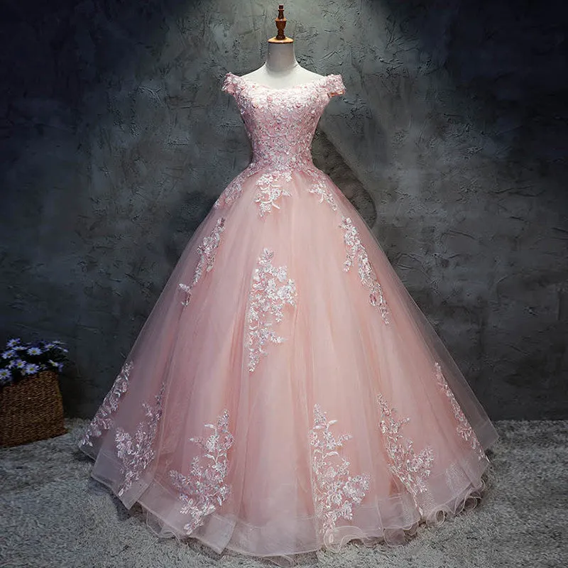 Pink Cap Sleeves Ball Gown Tulle with Lace Sweet 16 Dresses, Long Quinceanera Dresses