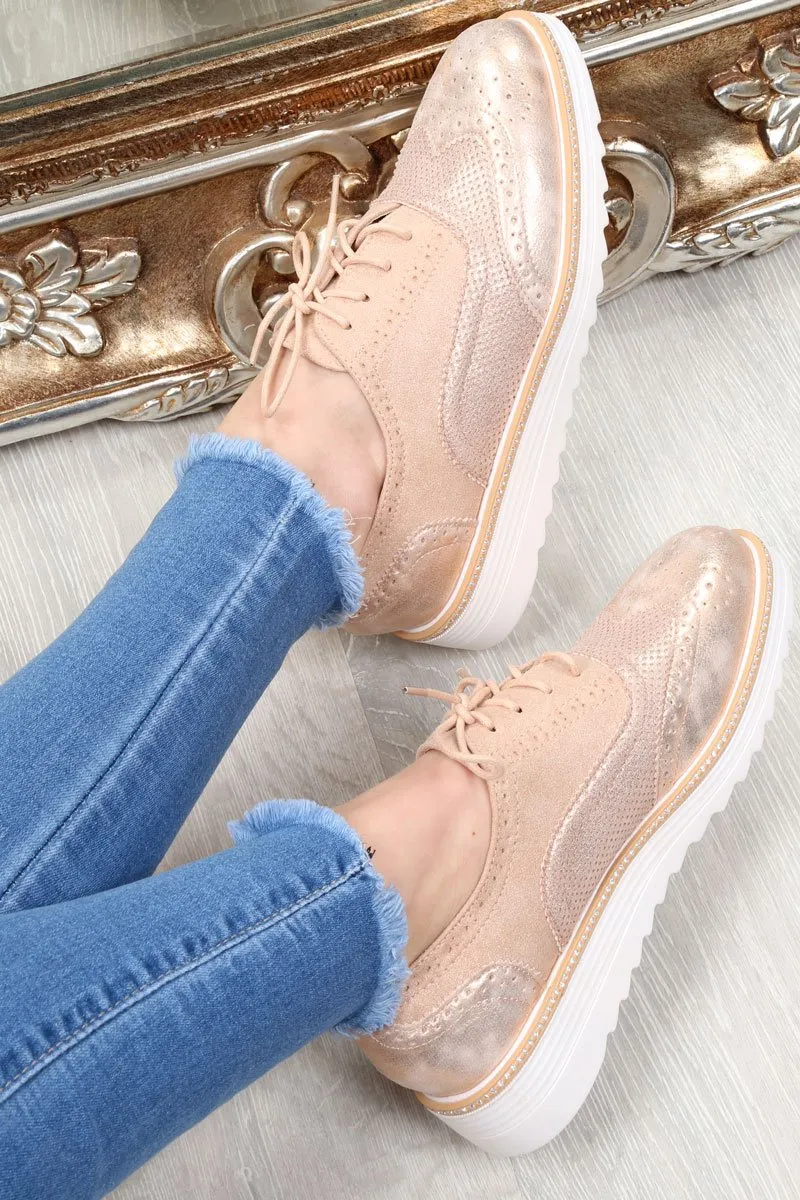 Pink Faux Suede Lace Up Wedged Brogue Trainers - Tonya