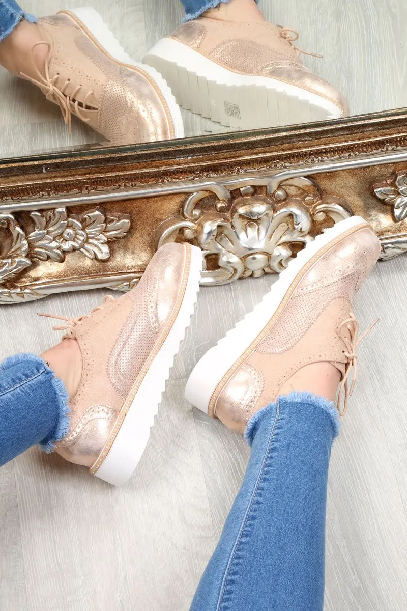 Pink Faux Suede Lace Up Wedged Brogue Trainers - Tonya