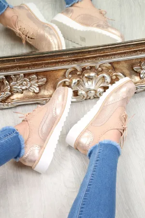 Pink Faux Suede Lace Up Wedged Brogue Trainers - Tonya