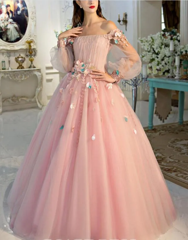 Pink Flowers Puffy Sleeves Tulle Long Party Dress, Ball Gown Pink Sweet 16 Gown