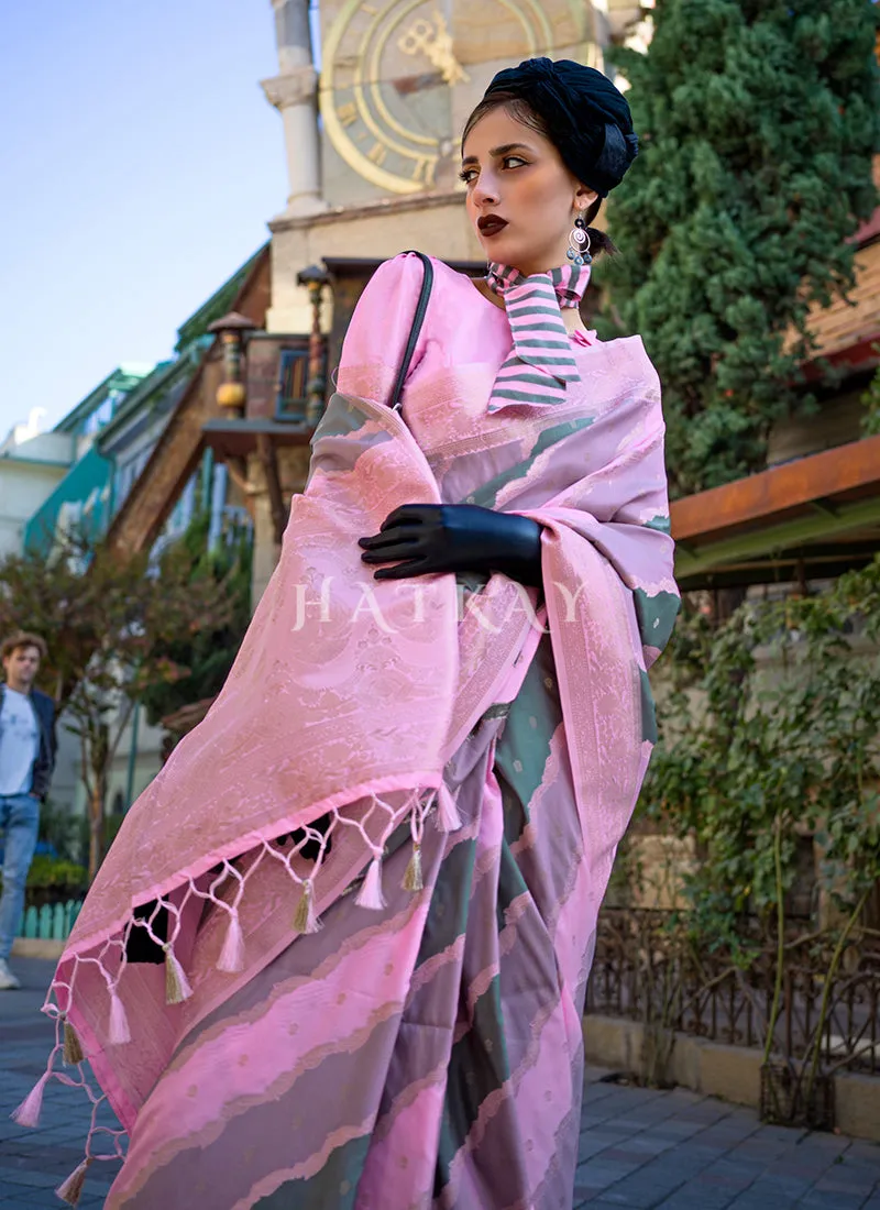 Pink Grey Printed Silk Saree