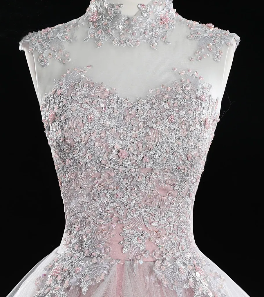 Pink High Neck Tulle Lace Long Prom Dress, Pink Sweet 16 Gown