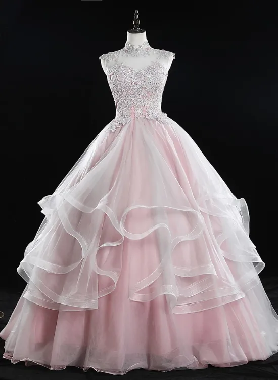 Pink High Neck Tulle Lace Long Prom Dress, Pink Sweet 16 Gown