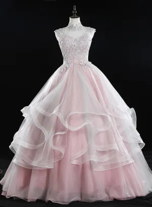 Pink High Neck Tulle Lace Long Prom Dress, Pink Sweet 16 Gown