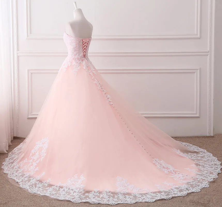 Pink Puffy Ball Gown Princess Sweetheart Tulle Formal Dress with White Lace, Pink Sweet 16 Gown