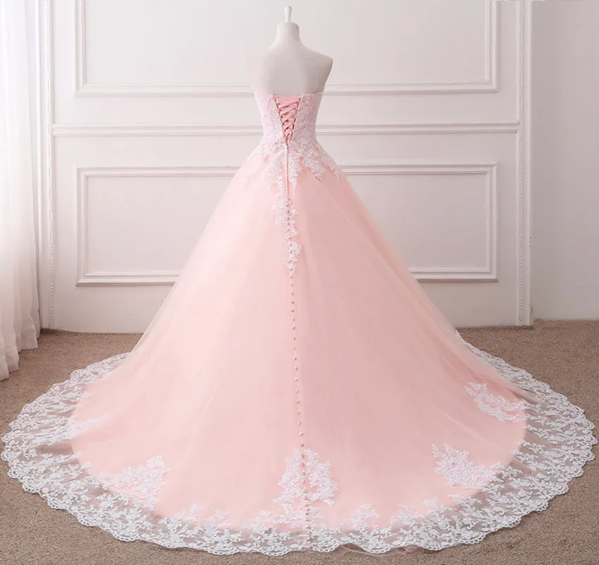 Pink Puffy Ball Gown Princess Sweetheart Tulle Formal Dress with White Lace, Pink Sweet 16 Gown